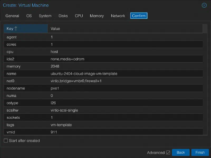 Proxmox confirmation screen