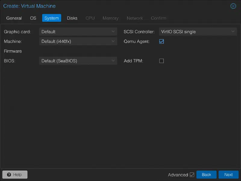 QEMU agent checkbox
